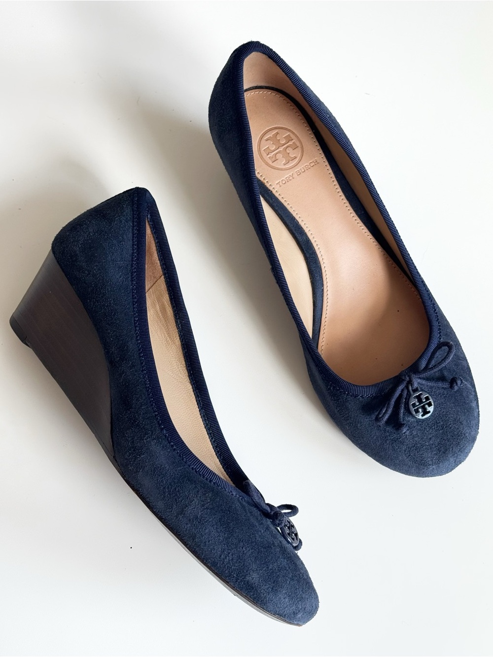 Tory Burch Chelsea SoHo Lux Suede Wedges Navy Blue Stacked Heel